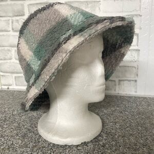 Seafoam green, gray, white plaid fleece winter bucket hat